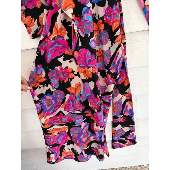 Topshop Floral Midi Wrap Dress Long Sleeve Black Pink Orange Belted Size US 2 - Picture 4 of 9